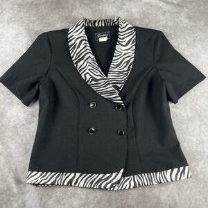 Vtg 90s Y2K Sweet Suit Zebra Trim Blazer 6P Black Short Sleeve Button Top Jacket